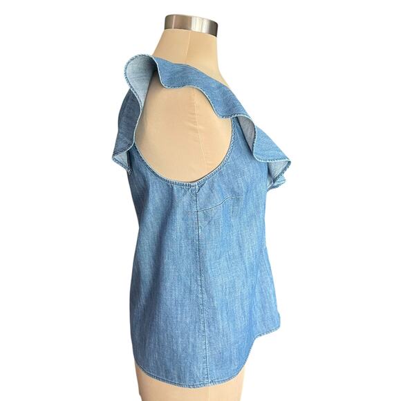 Old Navy Chambray Ruffle Neck Sleeveless Button Down Top Sz M Cottage Summer - Picture 5 of 7